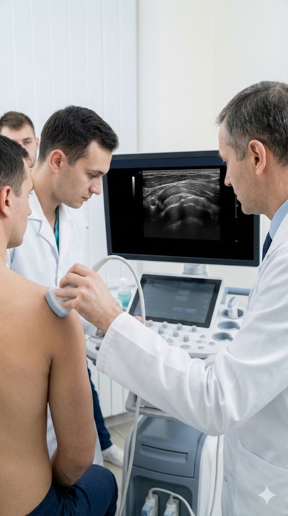 Grupo de médicos discutindo imagens de ultrassom de joelho com lesão ligamentar