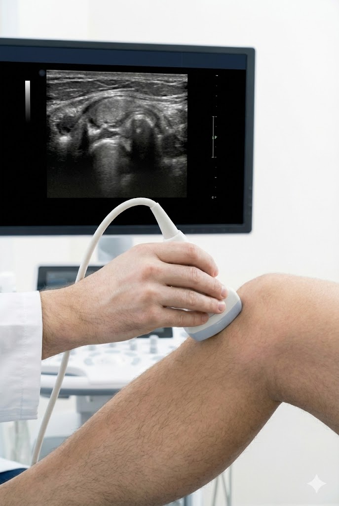 Imagem detalhada de ultrassom Doppler em tendinopatia no cotovelo