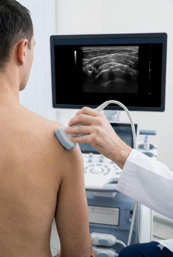 Médico realizando ultrassom musculoesquelético no ombro em aula prática